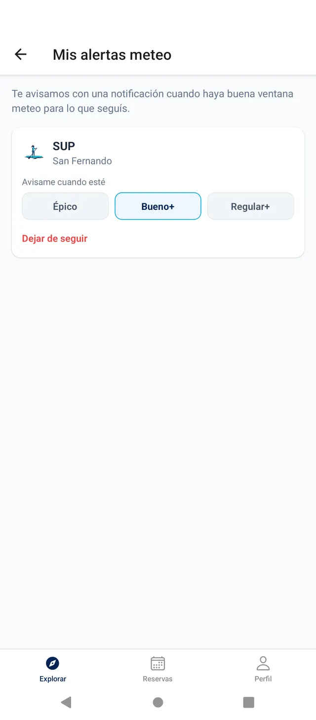 Pantalla de alertas meteo: seguir un deporte y zona, con el umbral elegido para recibir notificaciones