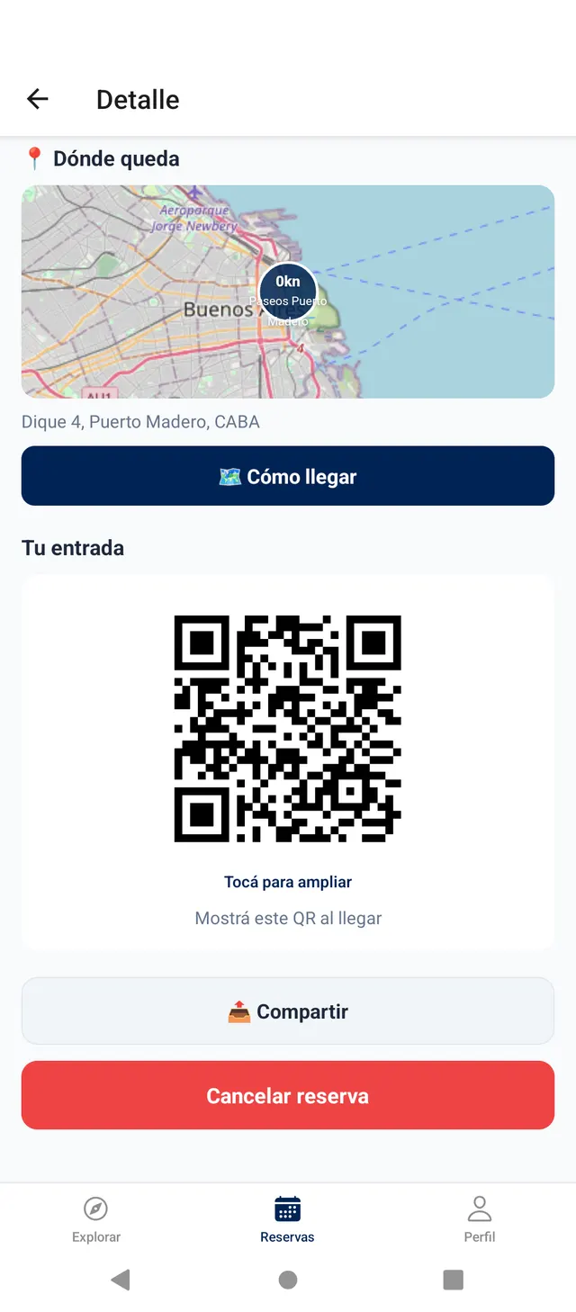 Pantalla del alumno con el QR de entrada de su reserva y cómo llegar al spot