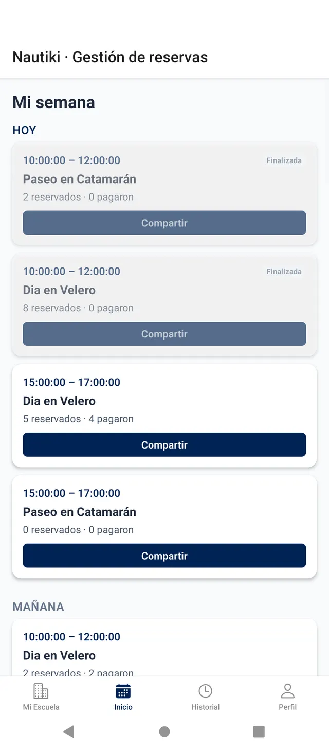 Agenda semanal de la escuela con las clases y los reservados de cada una