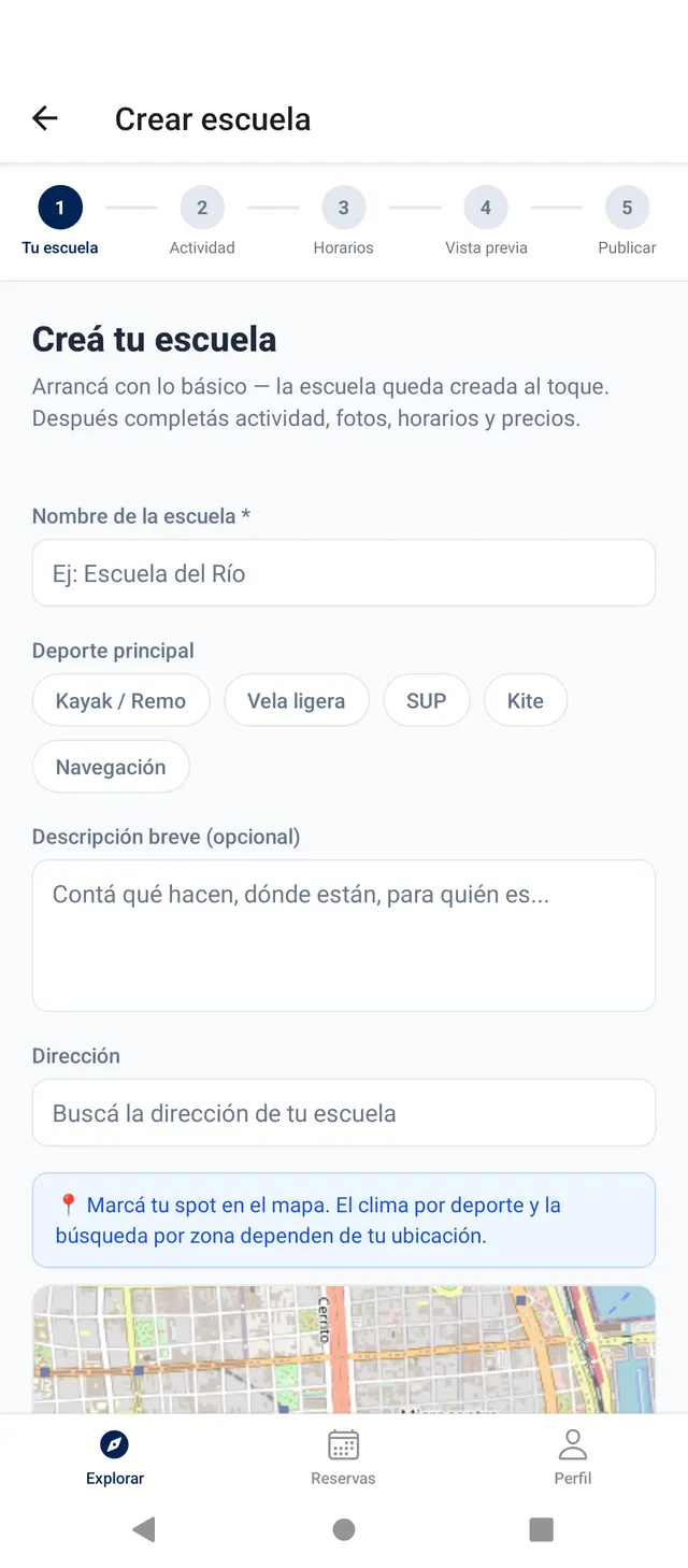 Paso 1: crear la escuela con nombre, deporte principal y la ubicación en el mapa