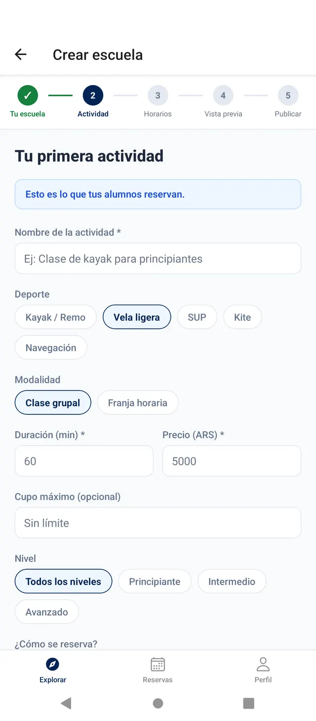 Crear la primera actividad: deporte, precio, cupo, nivel y seña