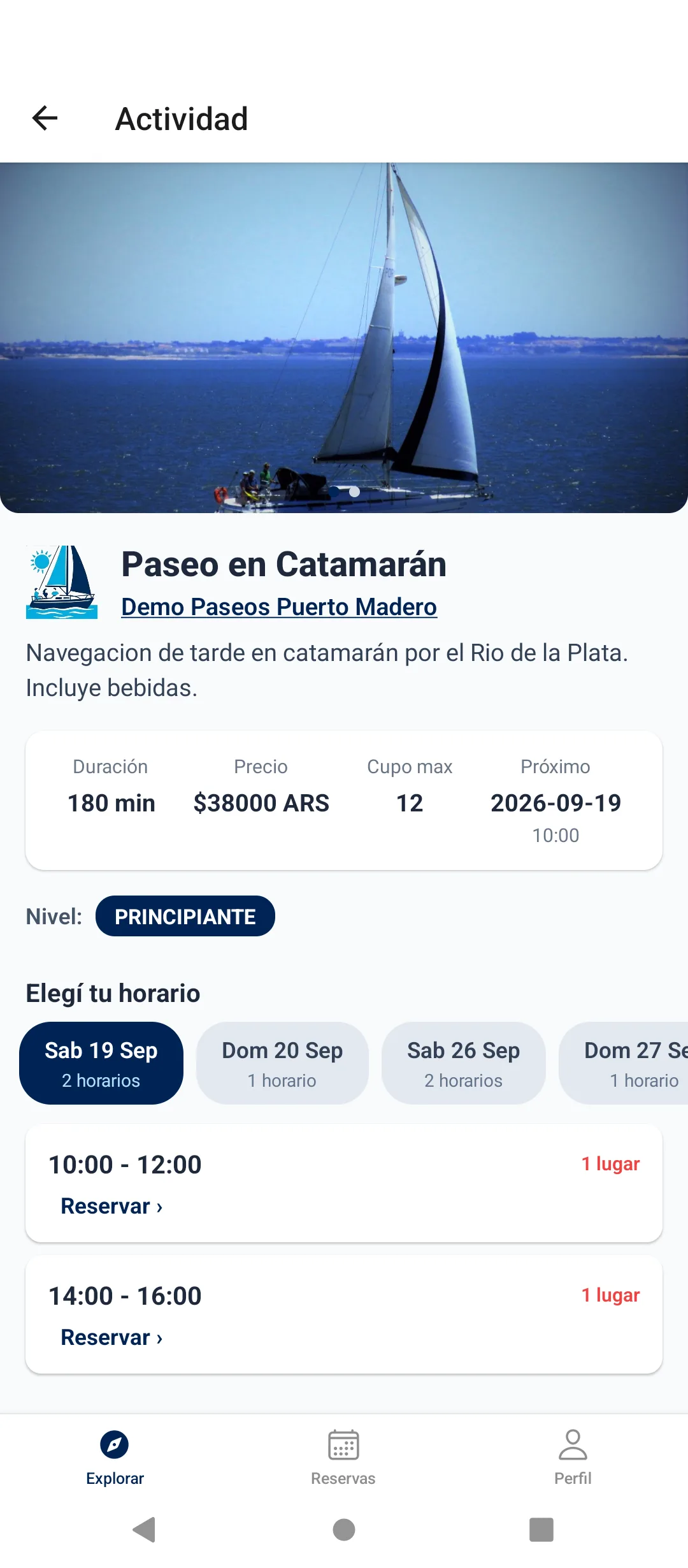 Detalle de una actividad con precio, cupo, nivel y horarios